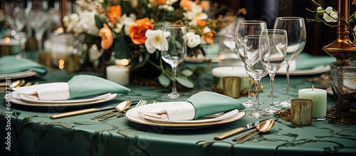 Table set with cloth napkins and floral decoration, festive reception in a restaurant.