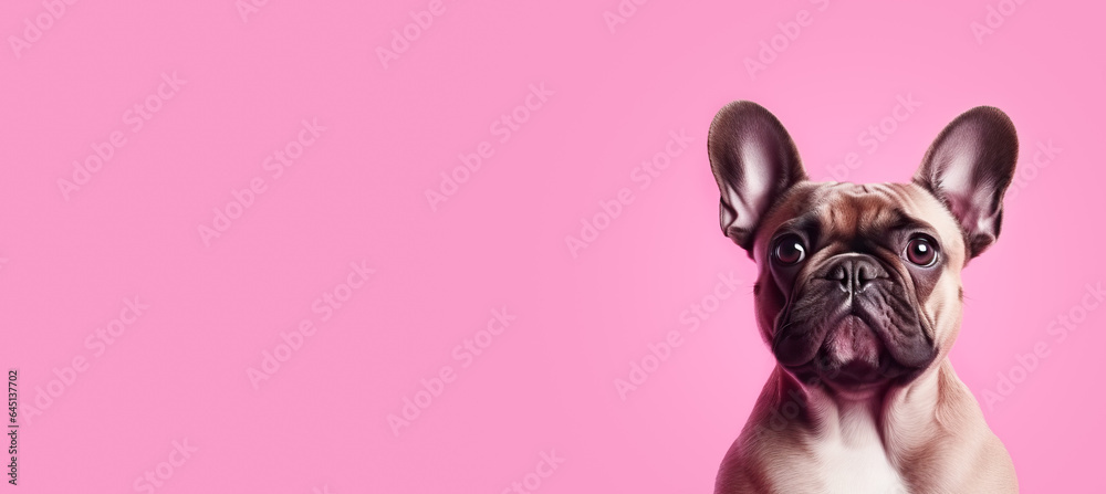 Pet Dog, Charming French Bulldog Portrait.  Frenchie Close-Up on Pink Background, Focus on Head, Eyes, and Expression. 