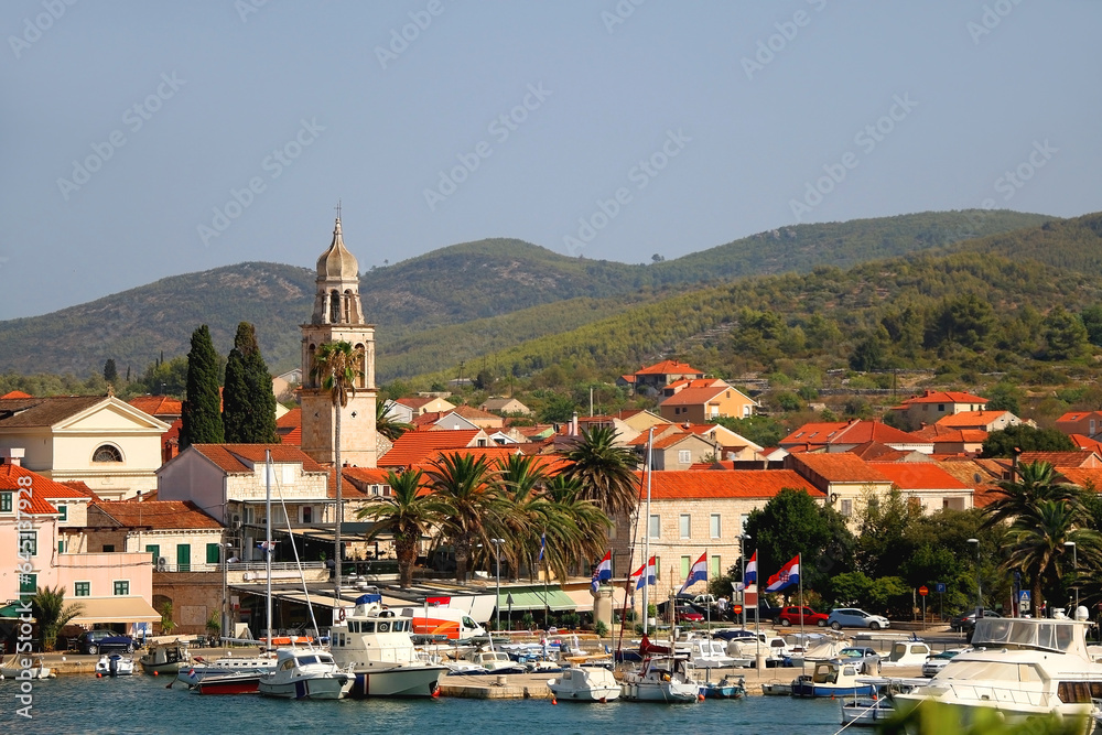 Obraz premium Promenade in Vela Luka, picturesque small town on island Korcula, Croatia.