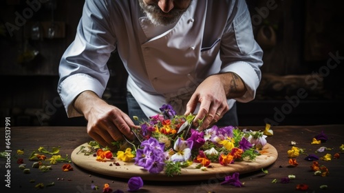 gourmet chef creating an intricate dish with edible flowers generative ai