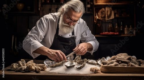 seafood chef shucking oysters and preparing seafood platters generative ai