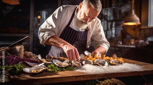 seafood chef shucking oysters and preparing seafood platters generative ai