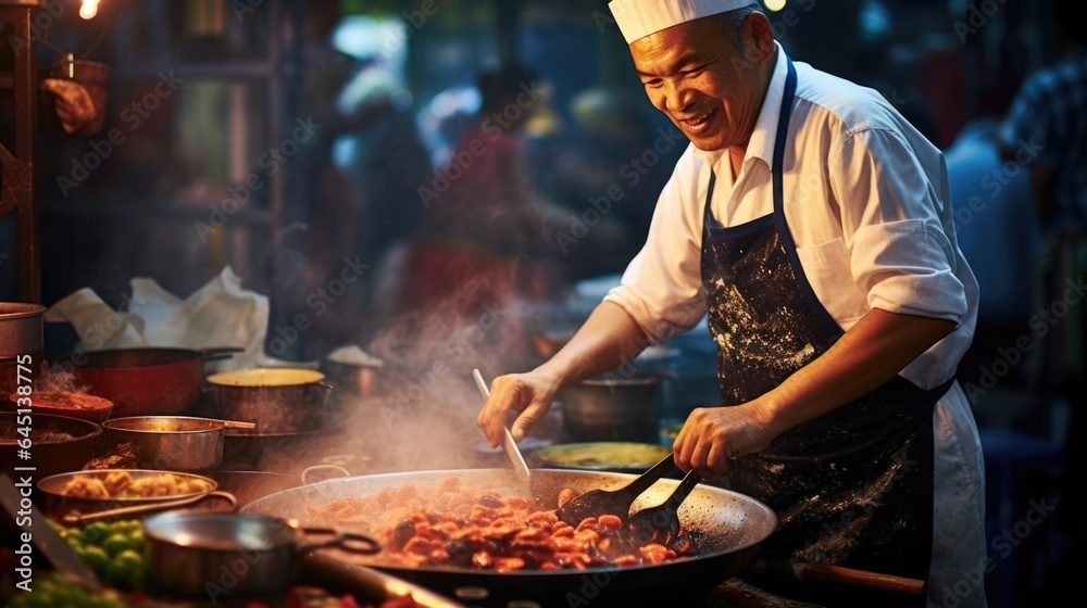 Fototapeta premium street food vendor chef grilling kebabs on an open flame generative ai