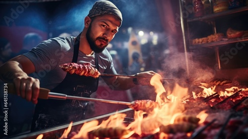 street food vendor chef grilling kebabs on an open flame generative ai © ThisDesign