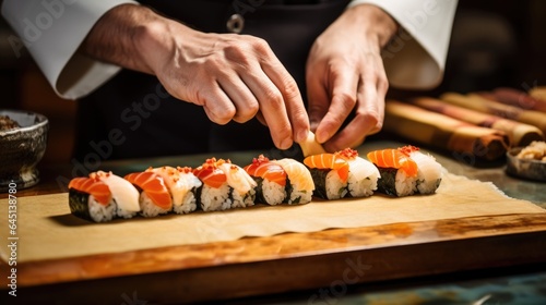 sushi chef expertly rolling a variety of sushi rolls generative ai