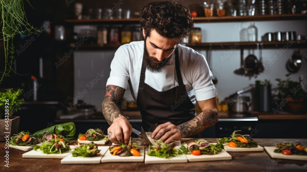 vegan chef crafting creative plant-based versions of classic dishes generative ai
