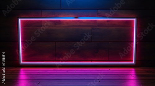 Neon lights frame on wooden wall and wooden floor background