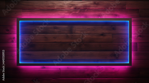 Neon lights frame on wooden wall and wooden floor background