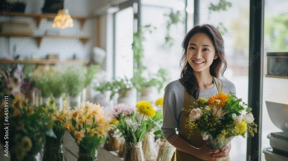 Asian woman florist, Happy flower shop owner smiling as she achieves success in her small business.
