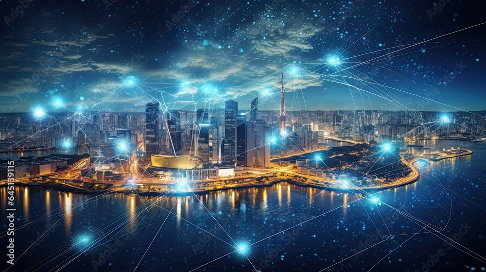 Modern city with wireless network connection and urban landscape concept, wireless network and technology connection with city background at night.