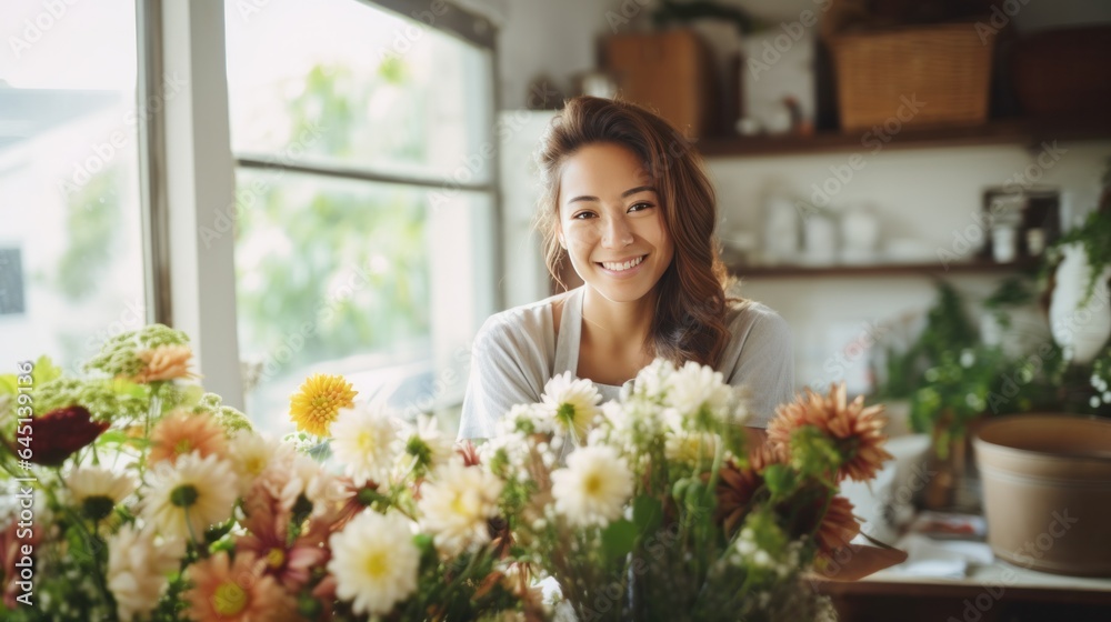 Asian woman florist, Happy flower shop owner smiling as she achieves success in her small business. Asian woman florist, Happy flower shop owner smiling as she achieves success in her small business.