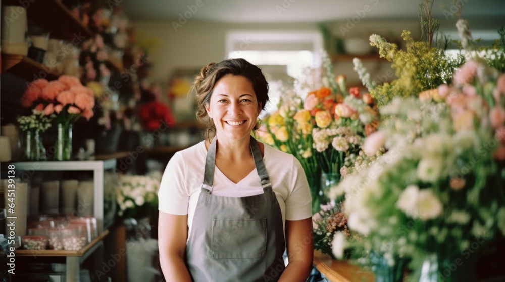 Young woman florist, Happy flower shop owner smiling as she achieves success in her small business.