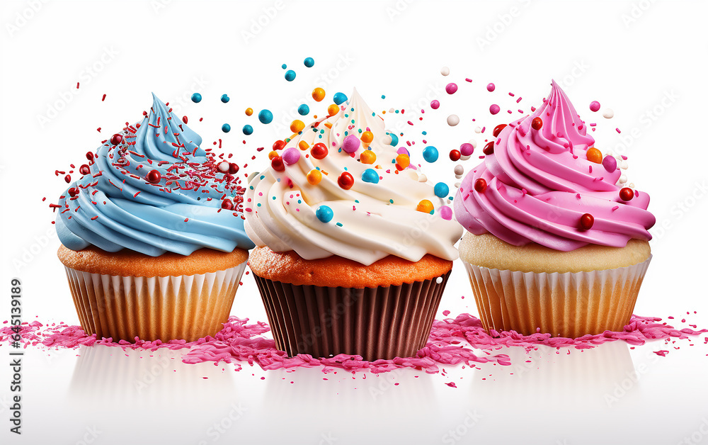 Cupcakes with colorful frosting and sprinkles on white background Cupcakes with colorful frosting and sprinkles on white background