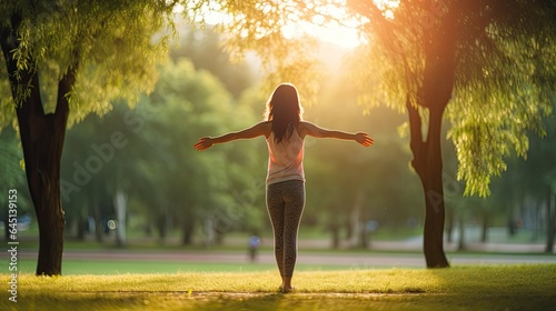 health care female exert on the park. Asian woman doing exercises in morning. balance, recreation, relaxation, calm, good health, happy, relax, healthy lifestyle, reduce stress, peaceful, Attitude. photo