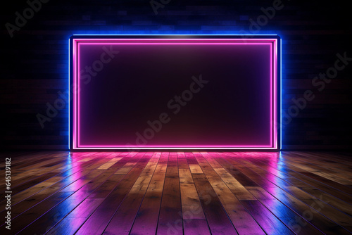 Empty stage with neon lights and wood floor background