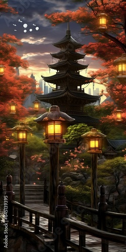 Japanese yen style, pagoda, lamps, lanterns, trees,