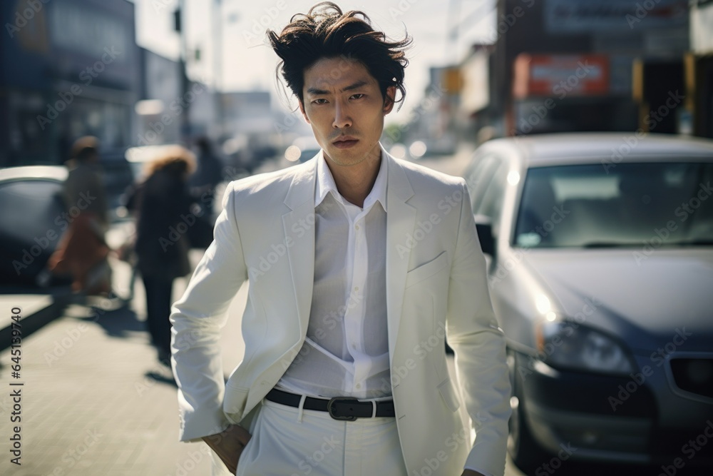 Candid Street Portrait of a Fictional Korean Businessman Wearing an Elegant Stylish White Suit. Generative AI.
