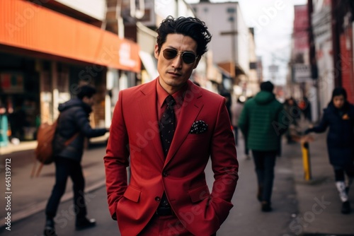 Candid Street Portrait of a Fictional Korean Businessman Wearing an Elegant Stylish Red Suit. Generative AI.