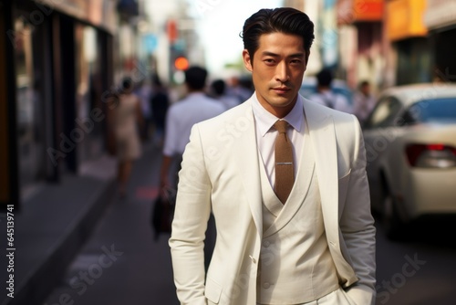 Candid Street Portrait of a Fictional Korean Businessman Wearing an Elegant Stylish White Suit. Generative AI. © Tuyres