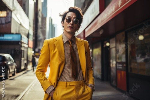 Candid Street Portrait of a Fictional Korean Businessman Wearing an Elegant Stylish Yellow Suit. Generative AI.