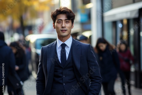 Candid Street Portrait of a Fictional Korean Businessman Wearing an Elegant Stylish Navy Blue Suit. Generative AI. © Tuyres