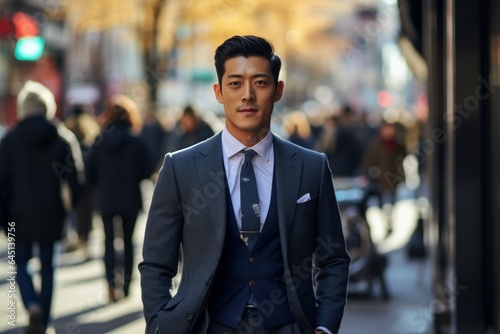 Candid Street Portrait of a Fictional Asian Businessman Wearing an Elegant Stylish Dark Suit. Generative AI. © Tuyres