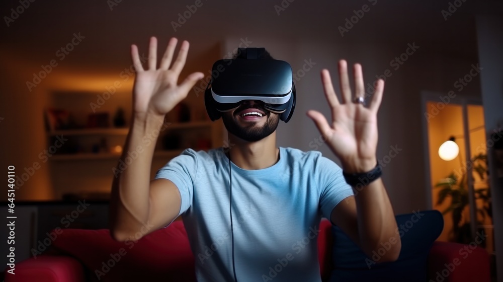Young man sitting on couch at home wearing virtual reality glasses. Plays an online video game. Young man sitting on couch at home wearing virtual reality glasses. Plays an online video game.