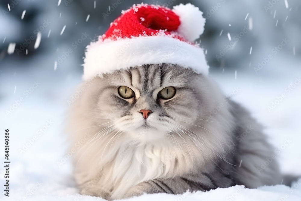 White fluffy cat in a christmas outfit. Christmas card.