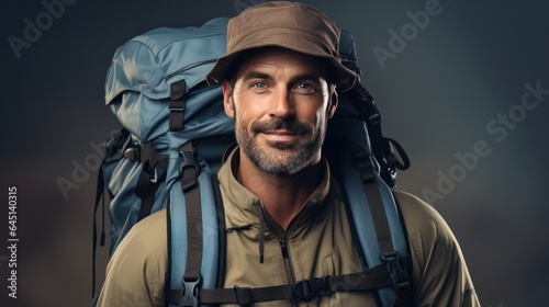 Smiling man ready for hiking standing against a gray background.