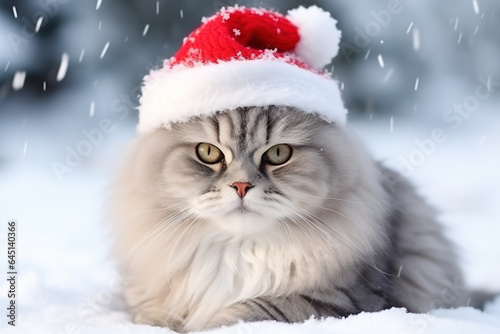 White fluffy cat in a christmas outfit. Christmas card.