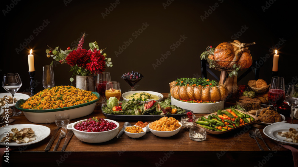 Generative AI, traditional Thanksgiving dinner, corn, turkey, vegetables, autumn harvest, appetizing tasty dishes on a set table, mashed potatoes, holiday