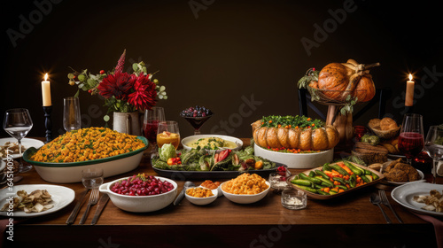 Generative AI  traditional Thanksgiving dinner  corn  turkey  vegetables  autumn harvest  appetizing tasty dishes on a set table  mashed potatoes  holiday
