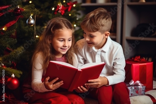 Children sit in front of the Christmas tree in the living room and read a book