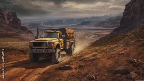 panoramic landscape photograph of a rugged off road truck