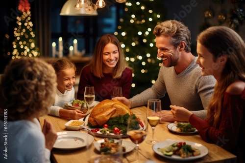 Family having Christmas dinner at home  gathered around the table  enjoying their time together