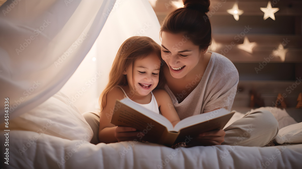 Happy young mother and daughter reading book in bedroom, mother with her lovely girl having fun in children room reading a book Happy young mother and daughter reading book in bedroom, mother with her lovely girl having fun in children room reading a book