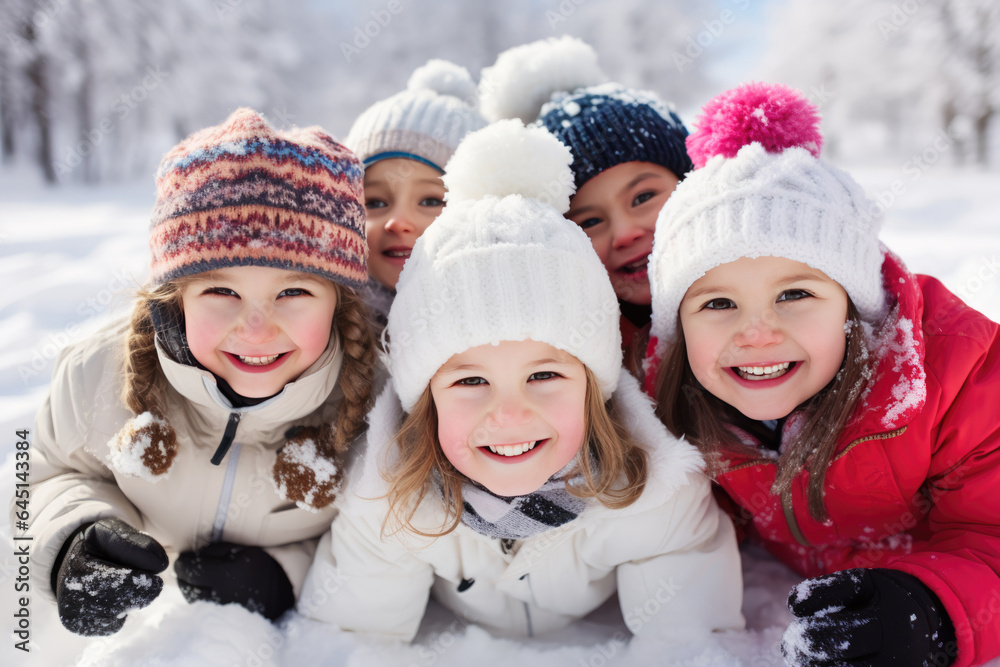 Group of children playing on snow in winter time