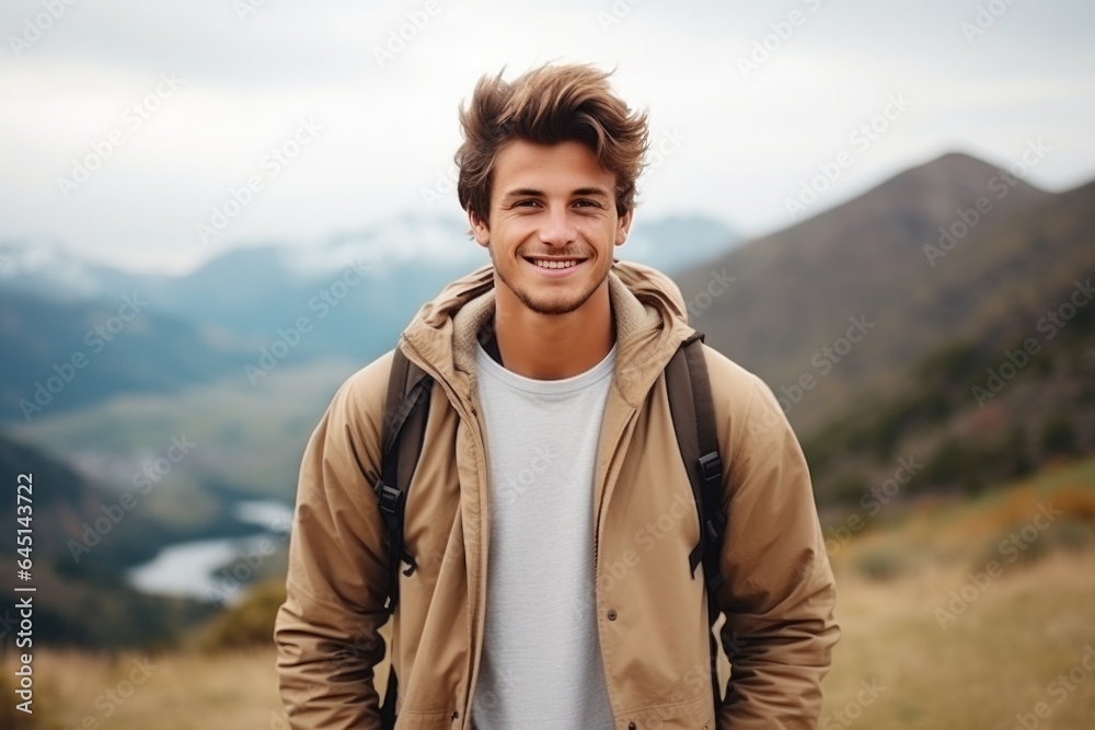 Handsome young man on the background of mountains
