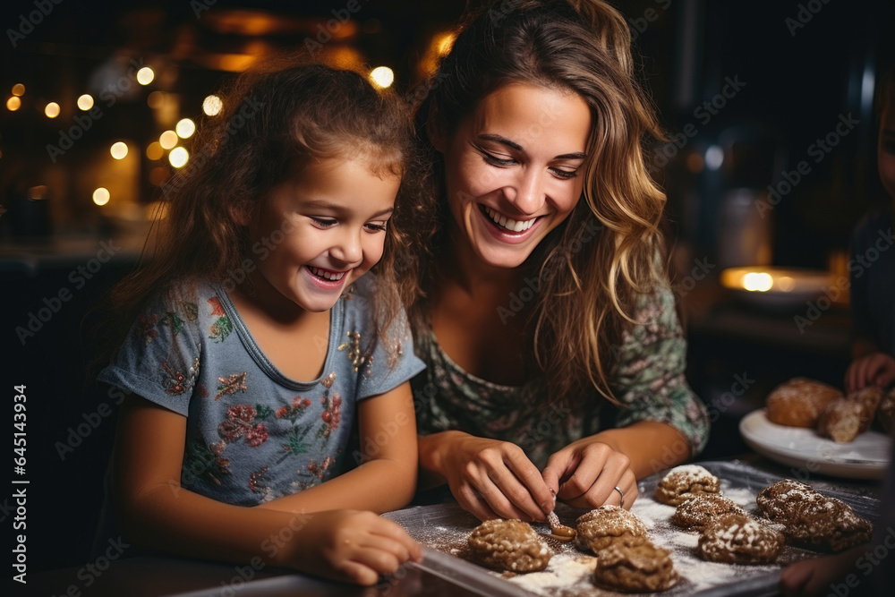 Fototapeta premium happy funny family mother and children bake christmas cookies on cozy kitchen at home