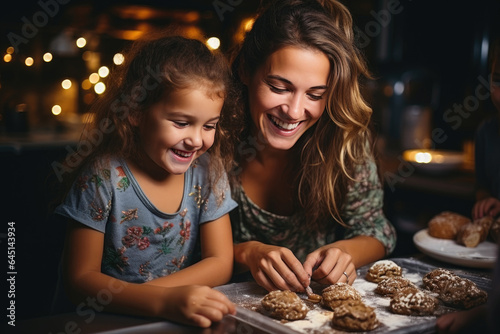 happy funny family mother and children bake christmas cookies on cozy kitchen at home