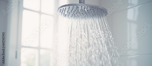 Photo Water descending from showerhead in a white bathroom.