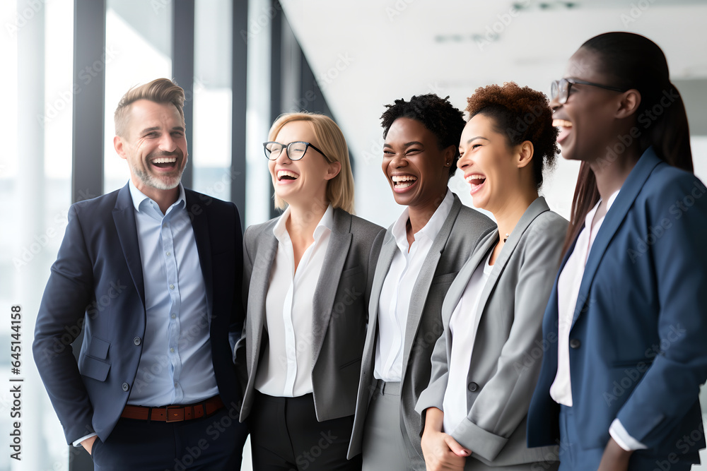 Happy successful multiracial business team smiling and laughing while standing in modern office Happy successful multiracial business team smiling and laughing while standing in modern office