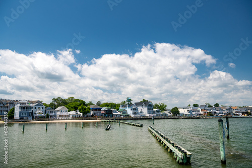 Shoreline along the Chesapeake Bay Homes, in North Beach, Maryland. Sunny day, blue sky.