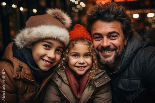 Happy family, father, son and daughter in winter clothes