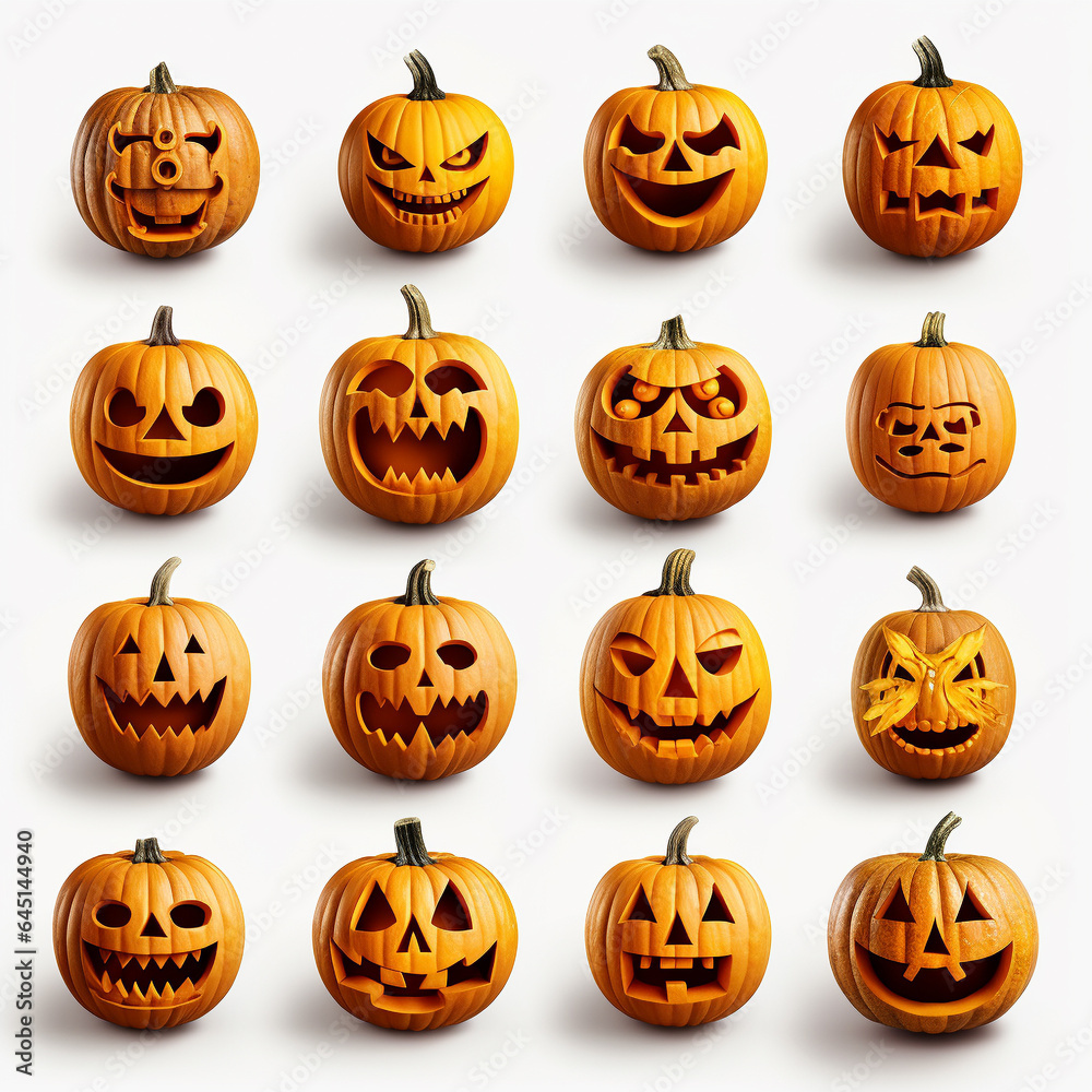 Various Craving Pumpkins with ghostly, horror, and scary face isolated on white background. Generative AI Various Craving Pumpkins with ghostly, horror, and scary face isolated on white background. Generative AI