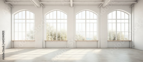 Empty white studio room with large windows in vintage style.