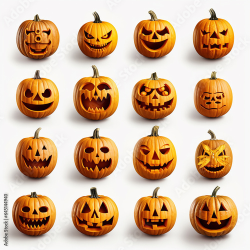Various Craving Pumpkins with ghostly, horror, and scary face isolated on white background. Generative AI