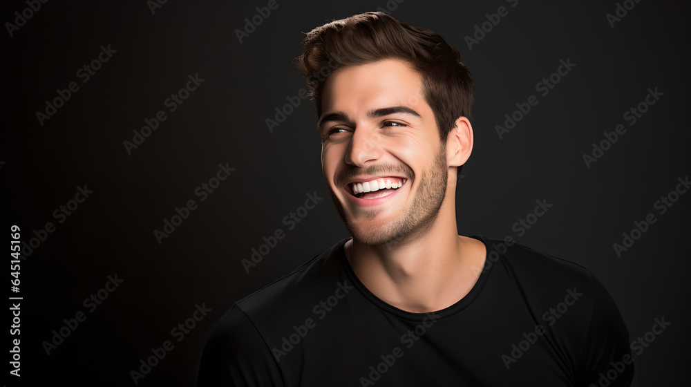 Portrait of handsome young man smiling and laughing standing over white background, cheerful man with fresh stylish hair and beard isolated on white studio background.