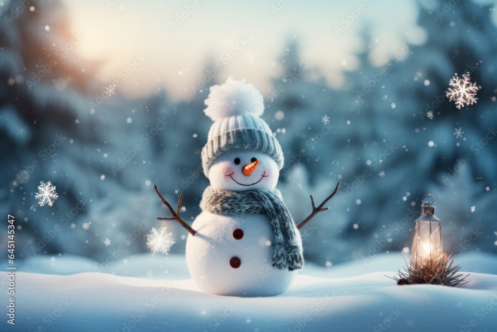 Happy Snowman as a symbol of Christmas and New Year. Welcome to winter holidays concept