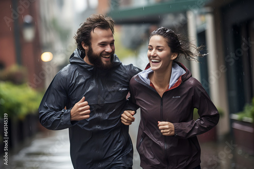 Young couple having fun while running on rain in street, happy young couple jogging around in city photo